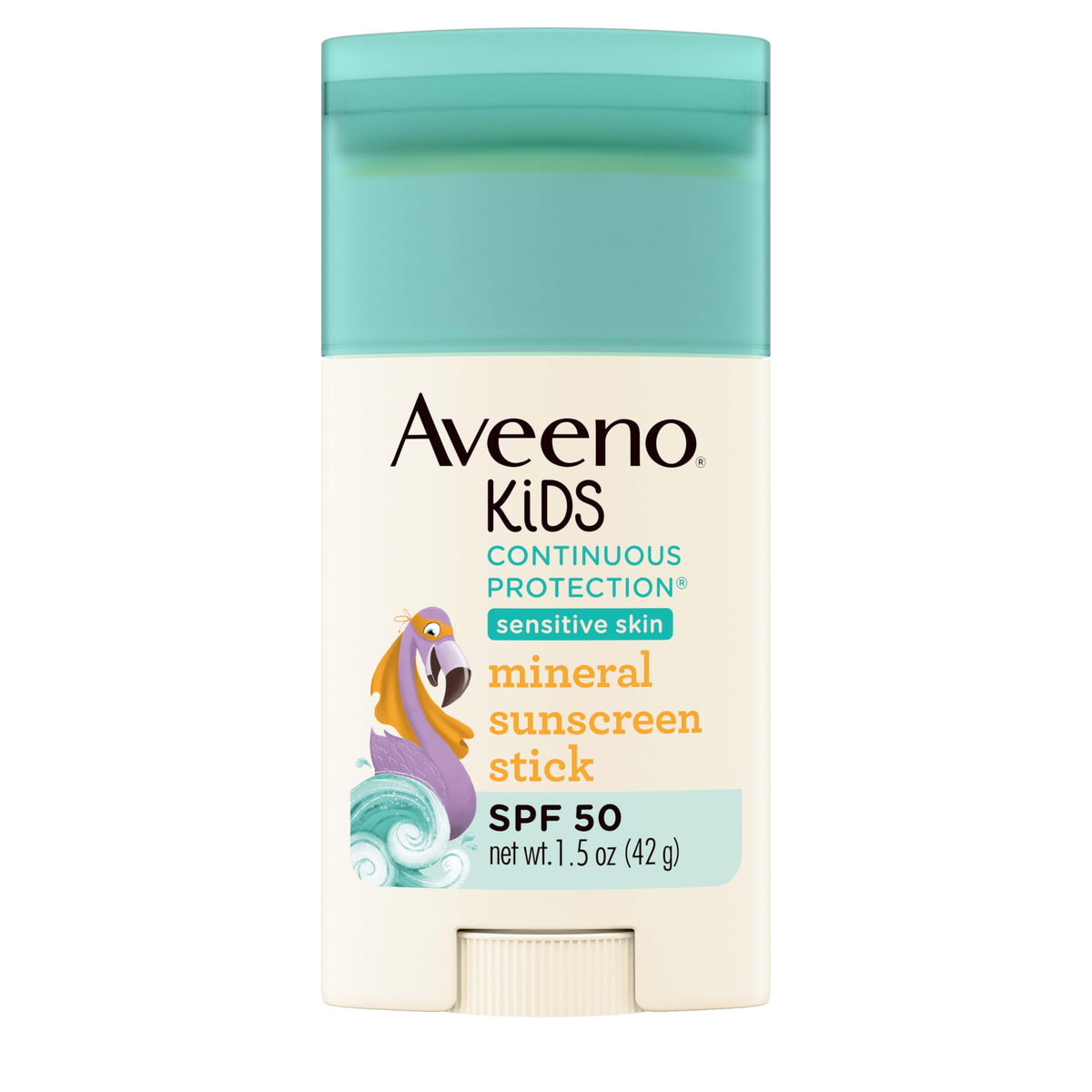 Aveeno Kids sunscreen stick packaging close-up highlighting SPF 50 and zinc oxide.