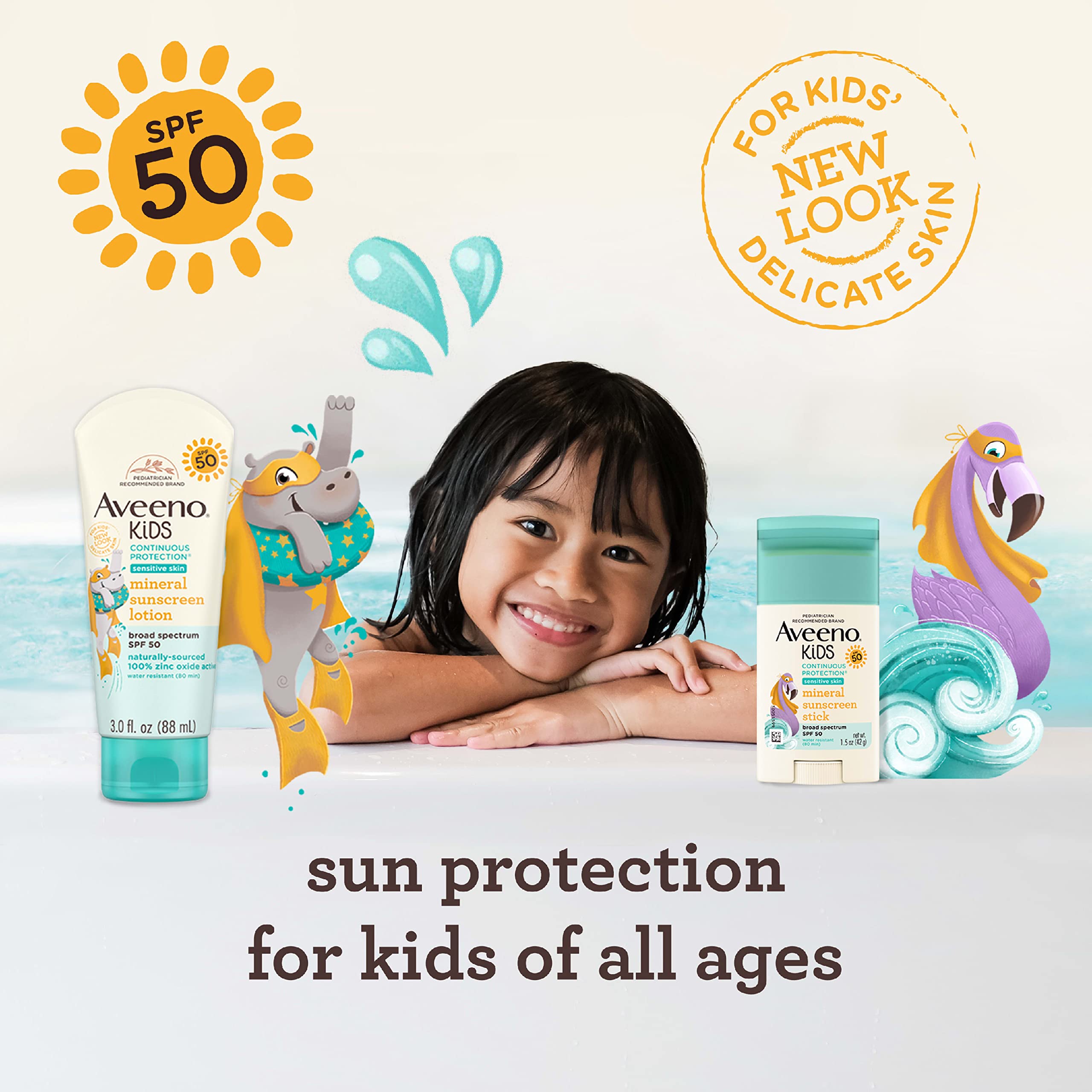 Aveeno Kids sunscreen stick uses 100% naturally sourced zinc oxide.
