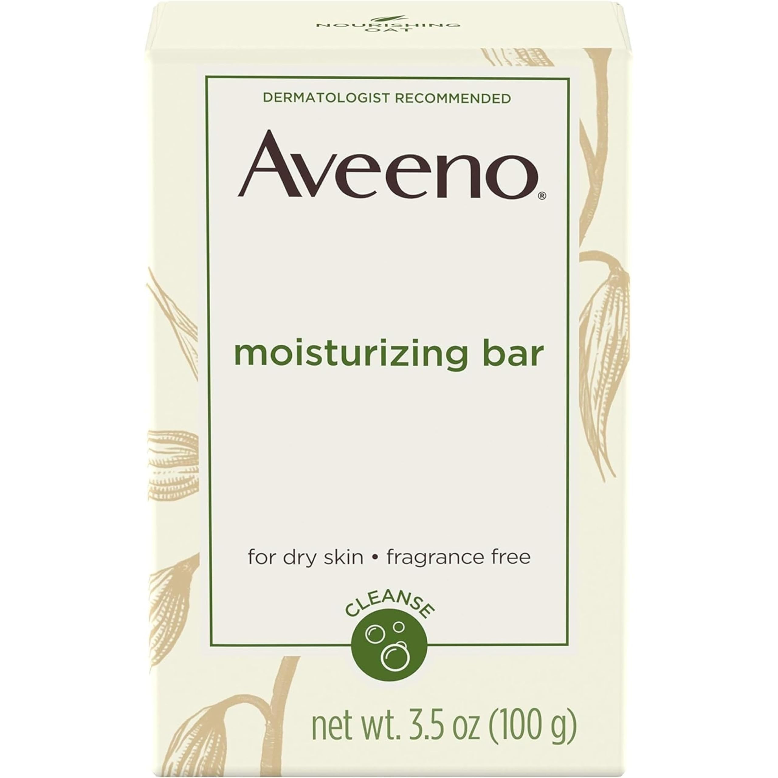 Aveeno moisturizing bar dye-free packaging close-up.