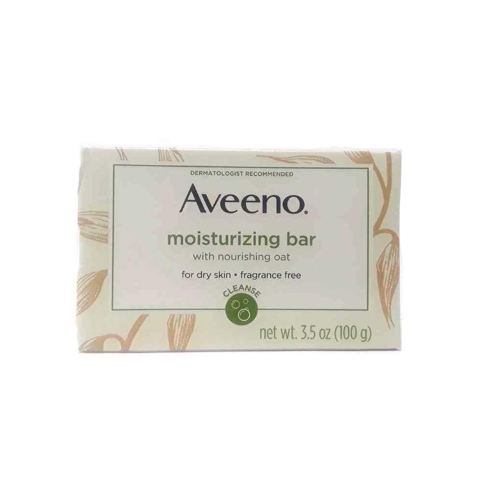 Aveeno Naturals Moisturizing Bar pack8 unwrapped to reveal compact cleansing bar.