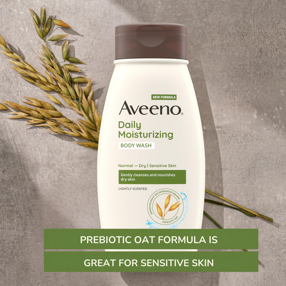 Aveeno oat prebiotic closeup emphasizes skin-friendly oats for sensitive-skin cleansing