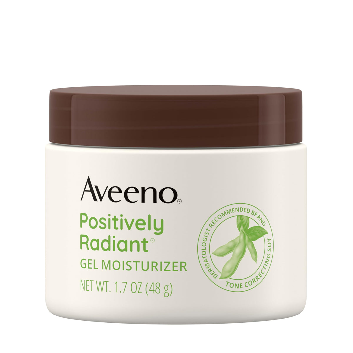 Aveeno Positively Radiant jar closeup showing hydration and even-toned skin.