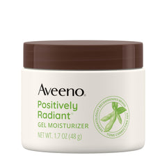 Aveeno Positively Radiant jar closeup showing hydration and even-toned skin.