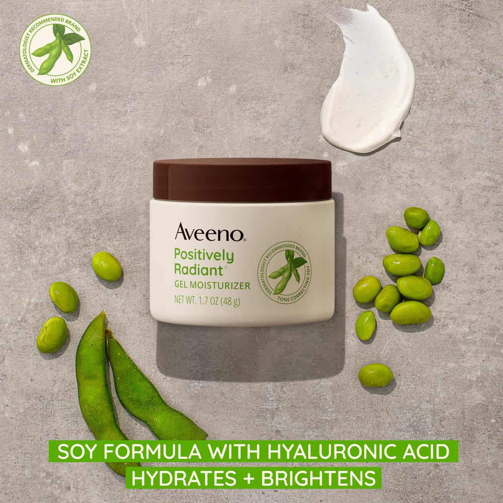 Aveeno Positively Radiant gel texture on hand demonstrates lightweight, oil-free hydration.