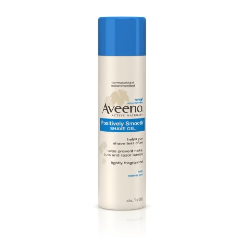 Aveeno Positively Smooth Shave Gel packaging on shelf, easy-to-use dispenser for everyday grooming.