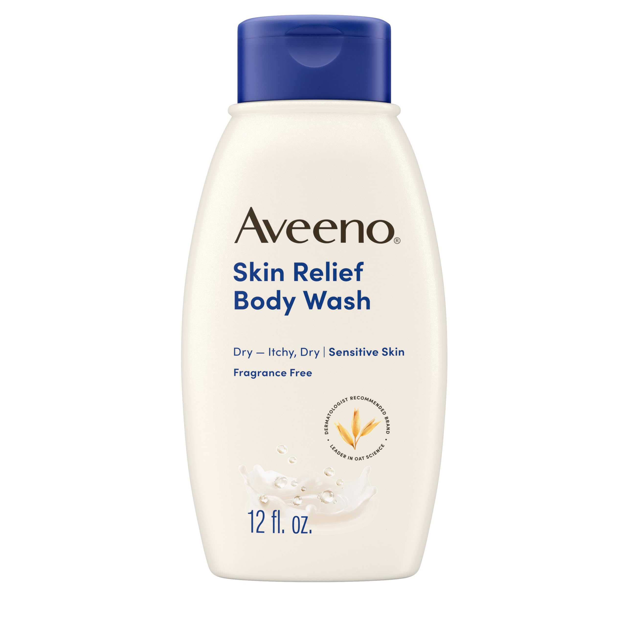 Aveeno Skin Relief, botella vertiendo sin fragancia para piel sensible.