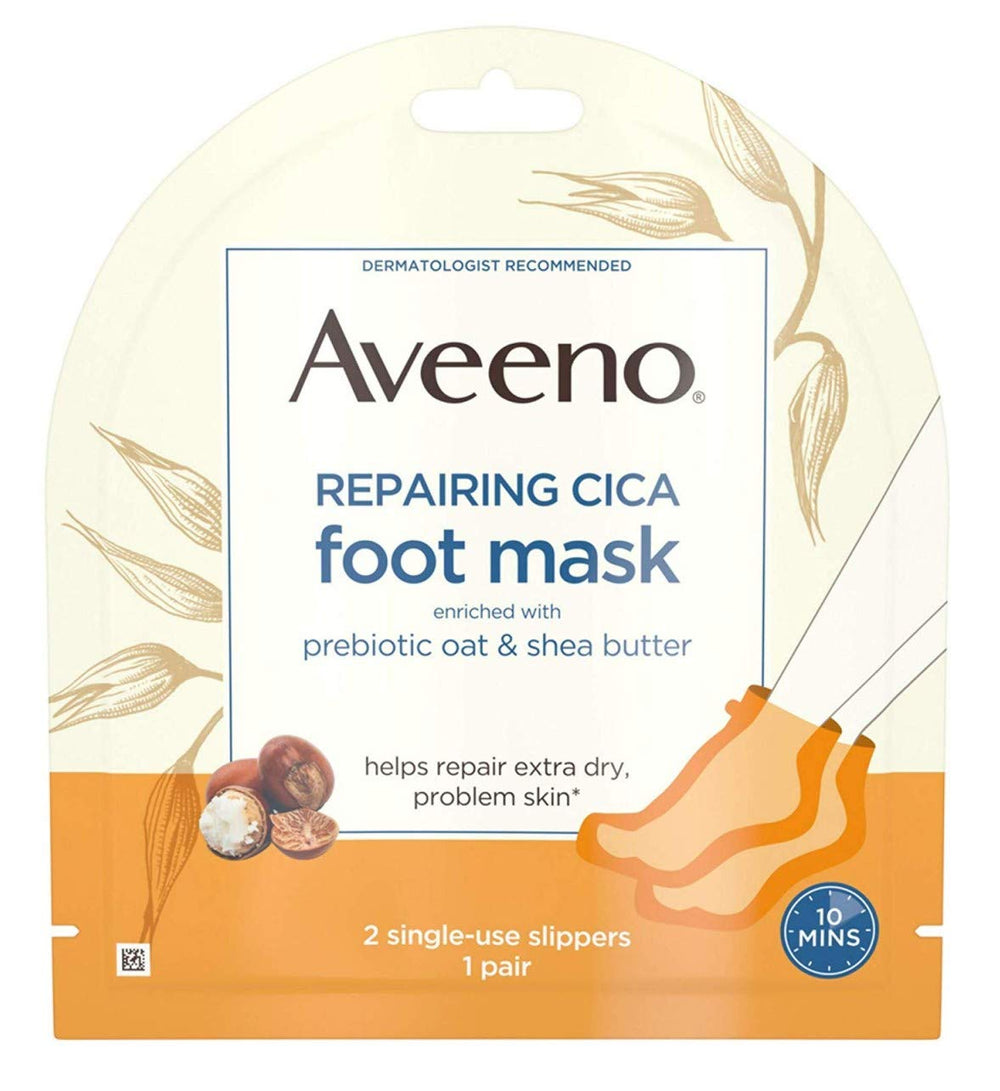 Aveeno Repairing Cica Foot Mask 3-Pack application close-up shows mask texture on skin.