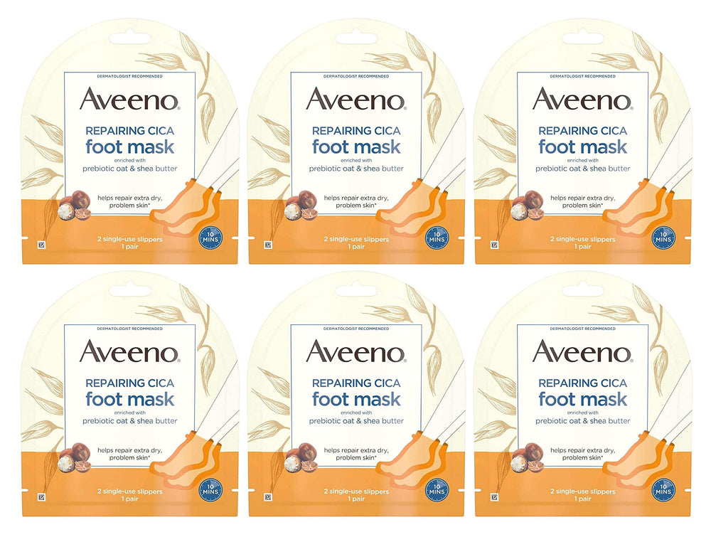 Aveeno Repairing Cica Foot Mask 3-Pack hero image shows soothing, fragrance-free hydration for dry feet.