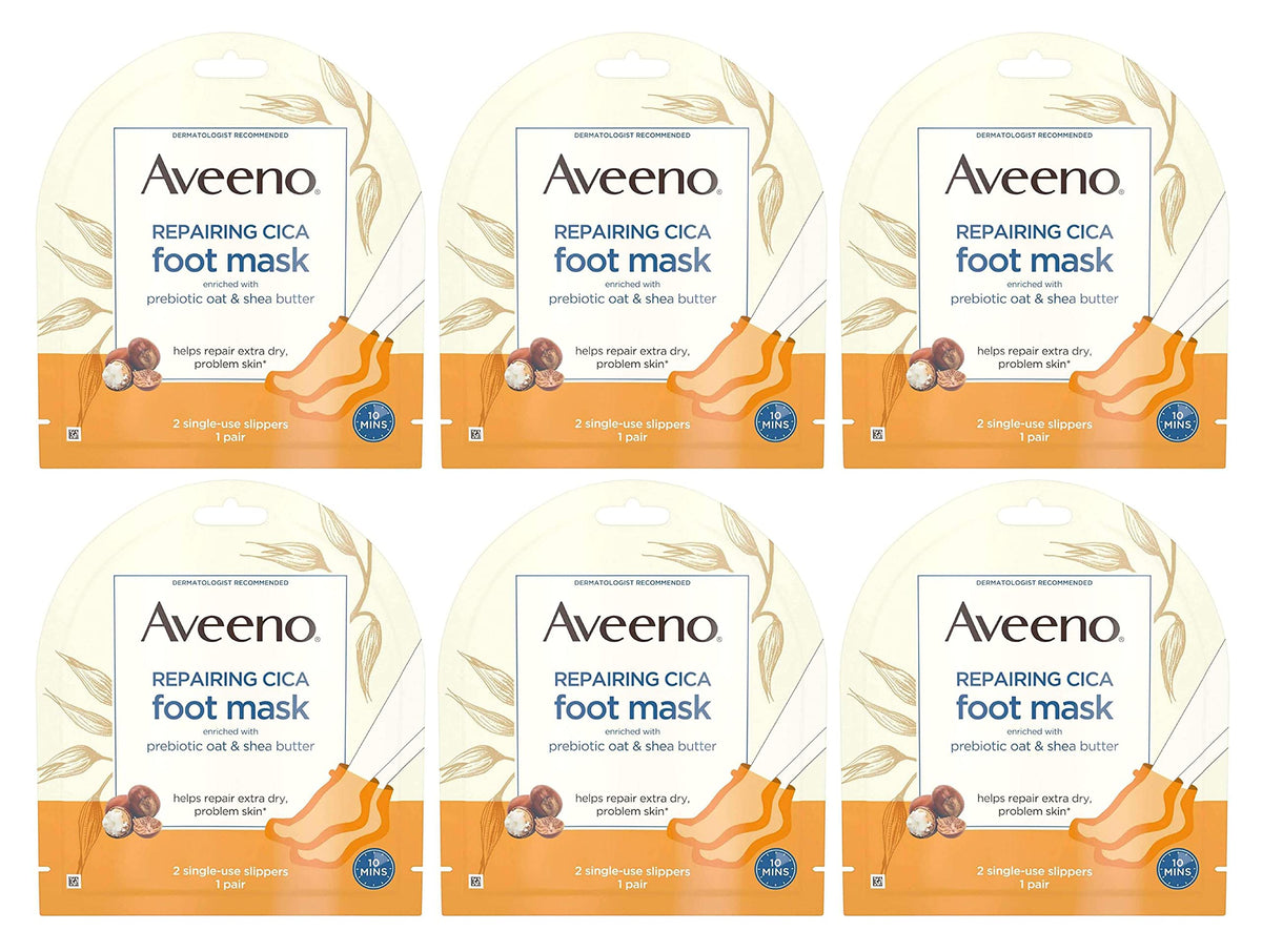 Aveeno Repairing Cica Foot Mask 3-Pack hero image shows soothing, fragrance-free hydration for dry feet.