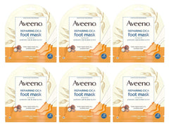 Aveeno Repairing Cica Foot Mask 3-Pack hero image shows soothing, fragrance-free hydration for dry feet.