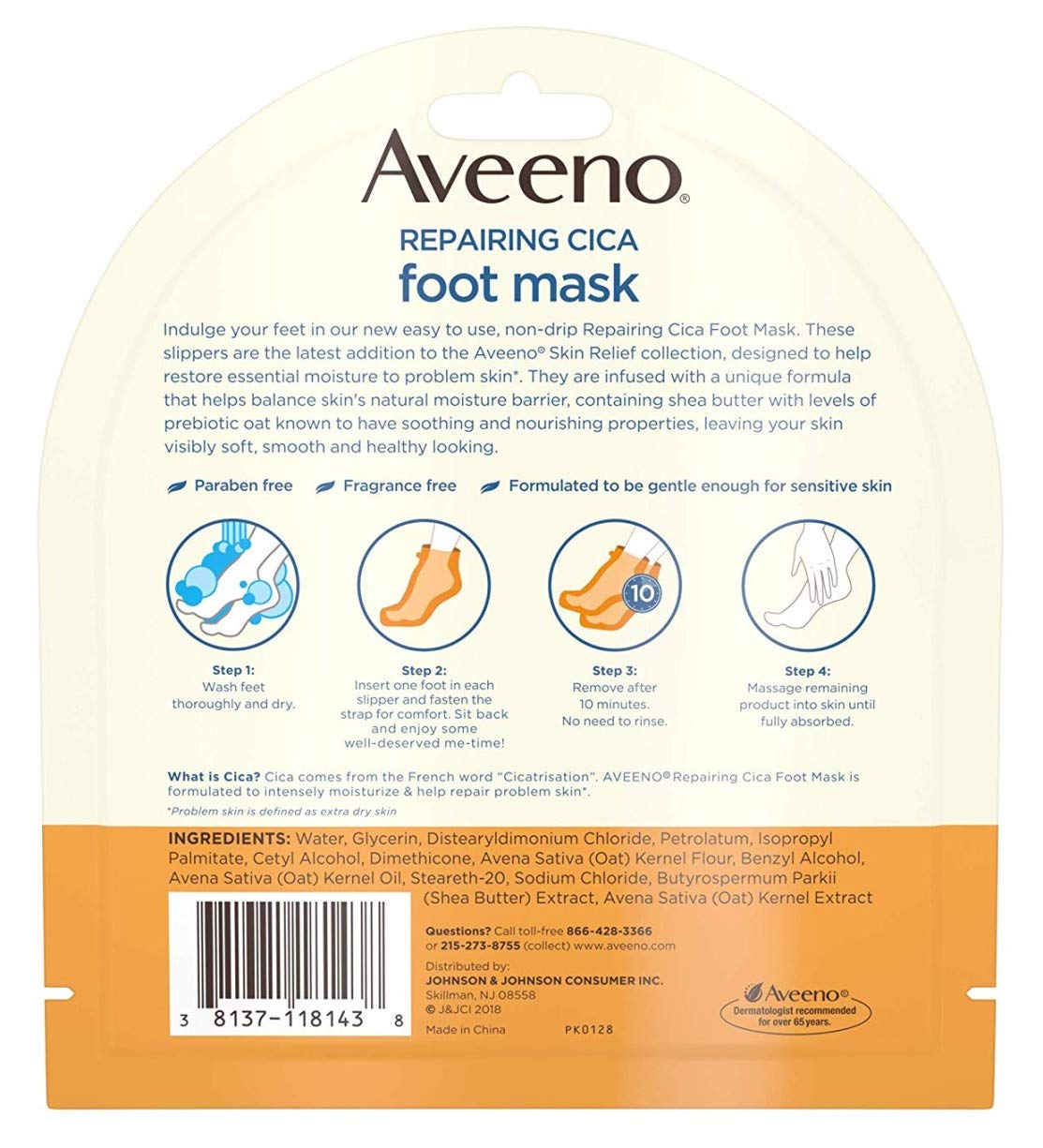 Aveeno Repairing Cica Foot Mask 3-Pack packaging closeup highlighting paraben-free, gentle formula.