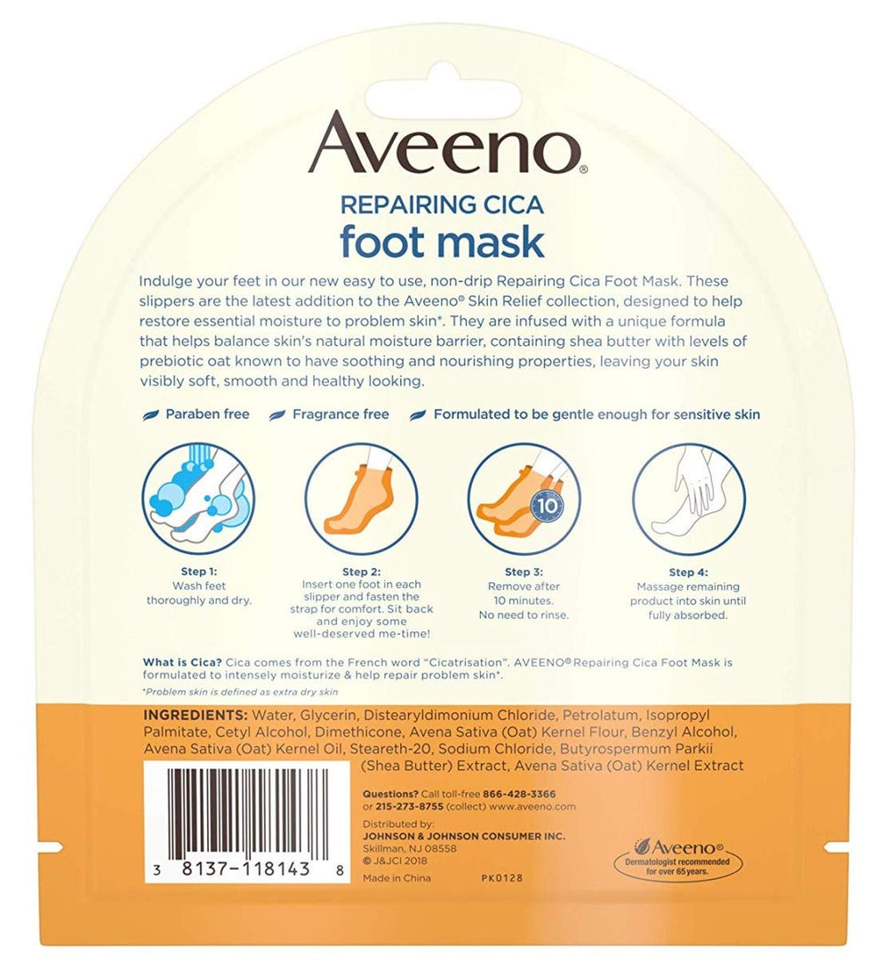 Aveeno Repairing Cica Foot Mask 3-Pack packaging closeup highlighting paraben-free, gentle formula.