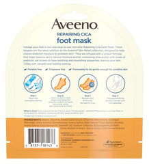 Aveeno Repairing Cica Foot Mask 3-Pack packaging closeup highlighting paraben-free, gentle formula.
