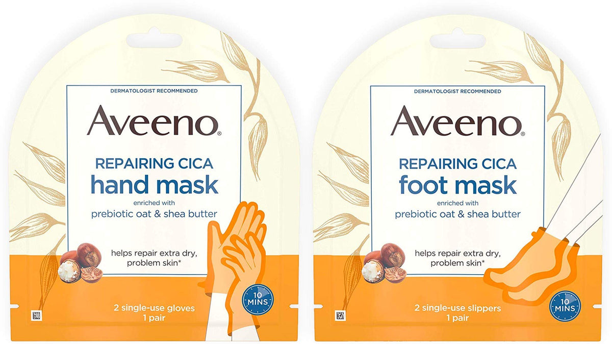 Aveeno Repairing CICA foot mask application on feet delivering soothing moisture for dry skin