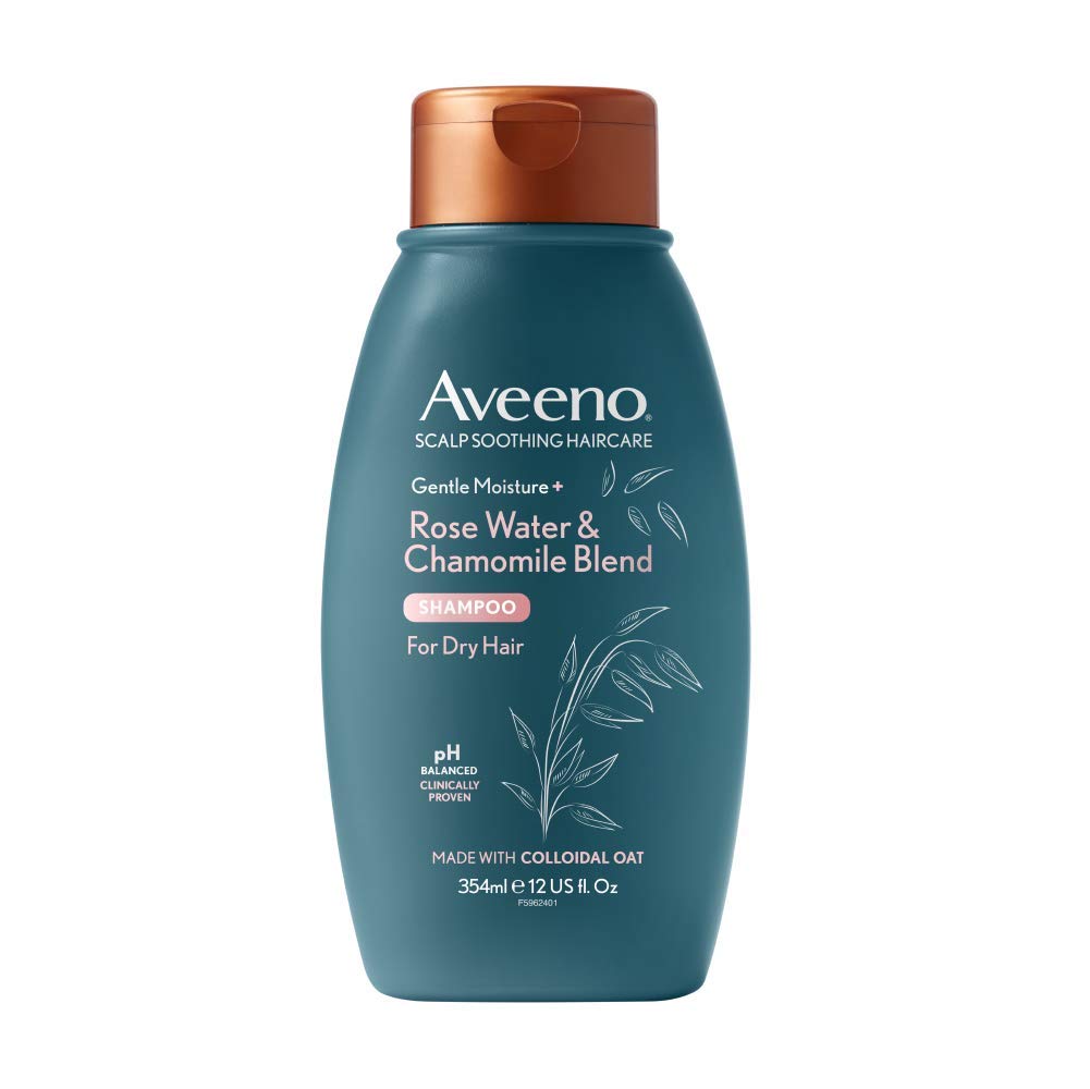 Aveeno Rosewater Chamomile shampoo bottle front for lightweight hydration on dry hair.