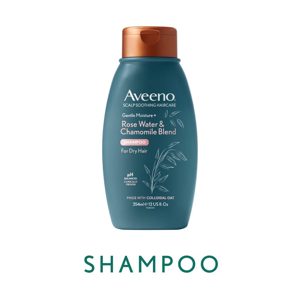 Aveeno Rosewater Chamomile shampoo bottle side showing gentle formula for sensitive skin.