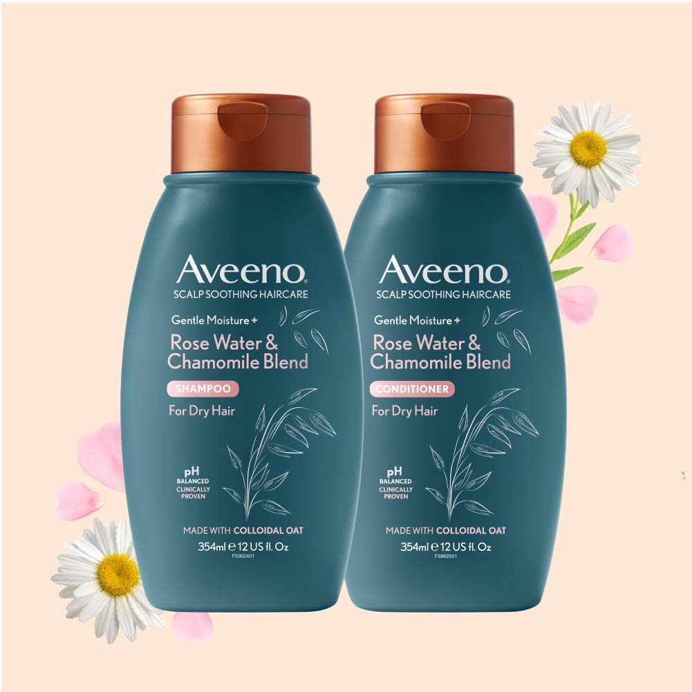 Aveeno packaging image shows 354 ml bottle and sensitive-skin friendly formula.