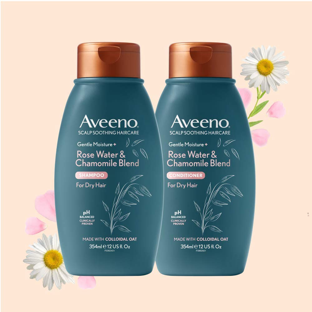Aveeno packaging image shows 354 ml bottle and sensitive-skin friendly formula.
