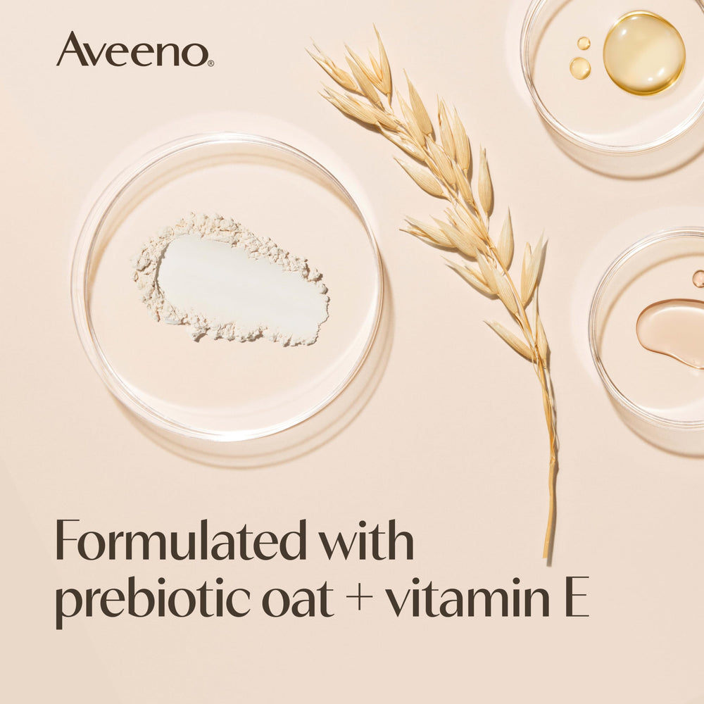 Aveeno next to hand for size comparison showing portable 7 oz benefit