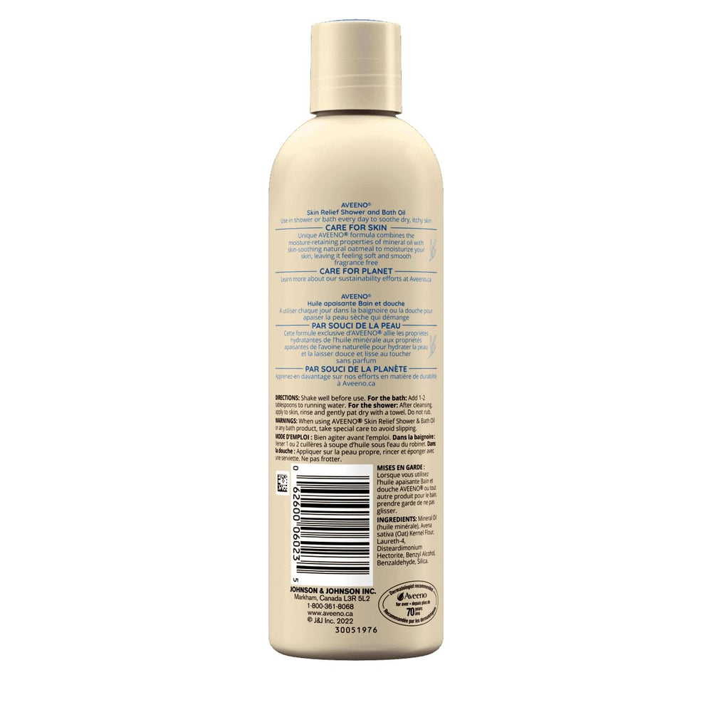 Aveeno Skin Relief Shower & Bath Oil 3-pack case shows convenient moisture for daily routines.
