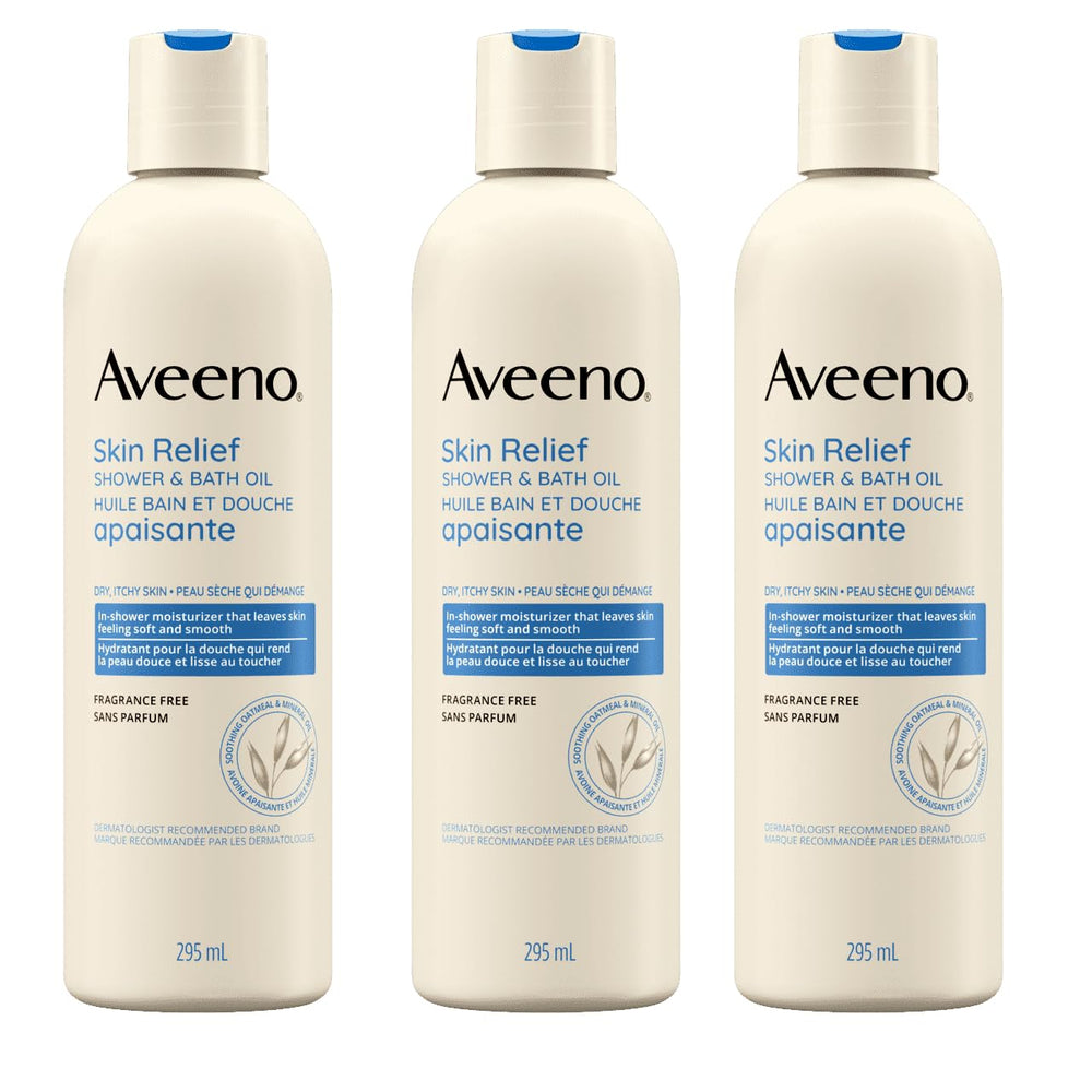 Aveeno Skin Relief Shower & Bath Oil bottle pour for smooth, hydrating skin.
