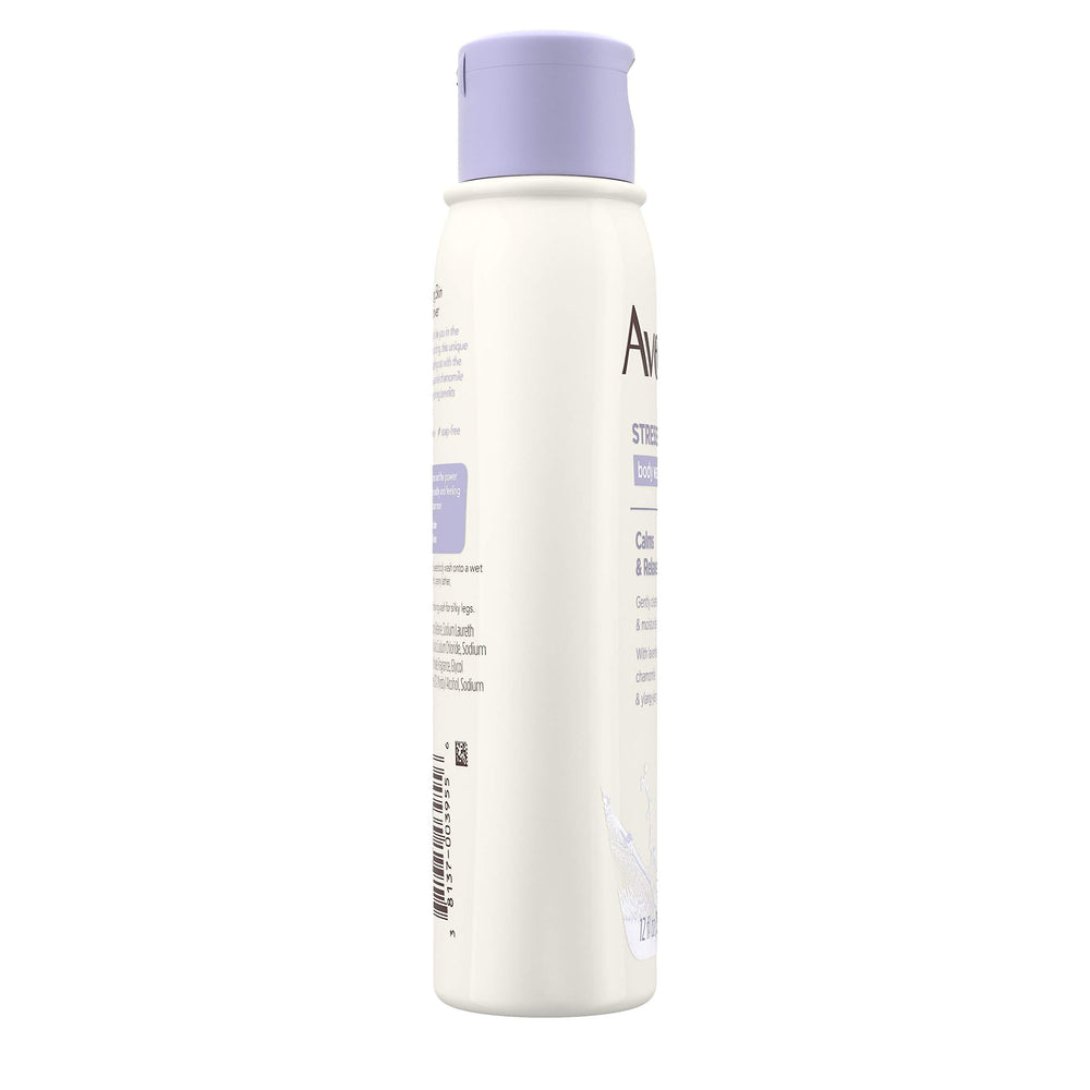 Aveeno Stress Relief Body Wash bottle close-up highlighting calming formula