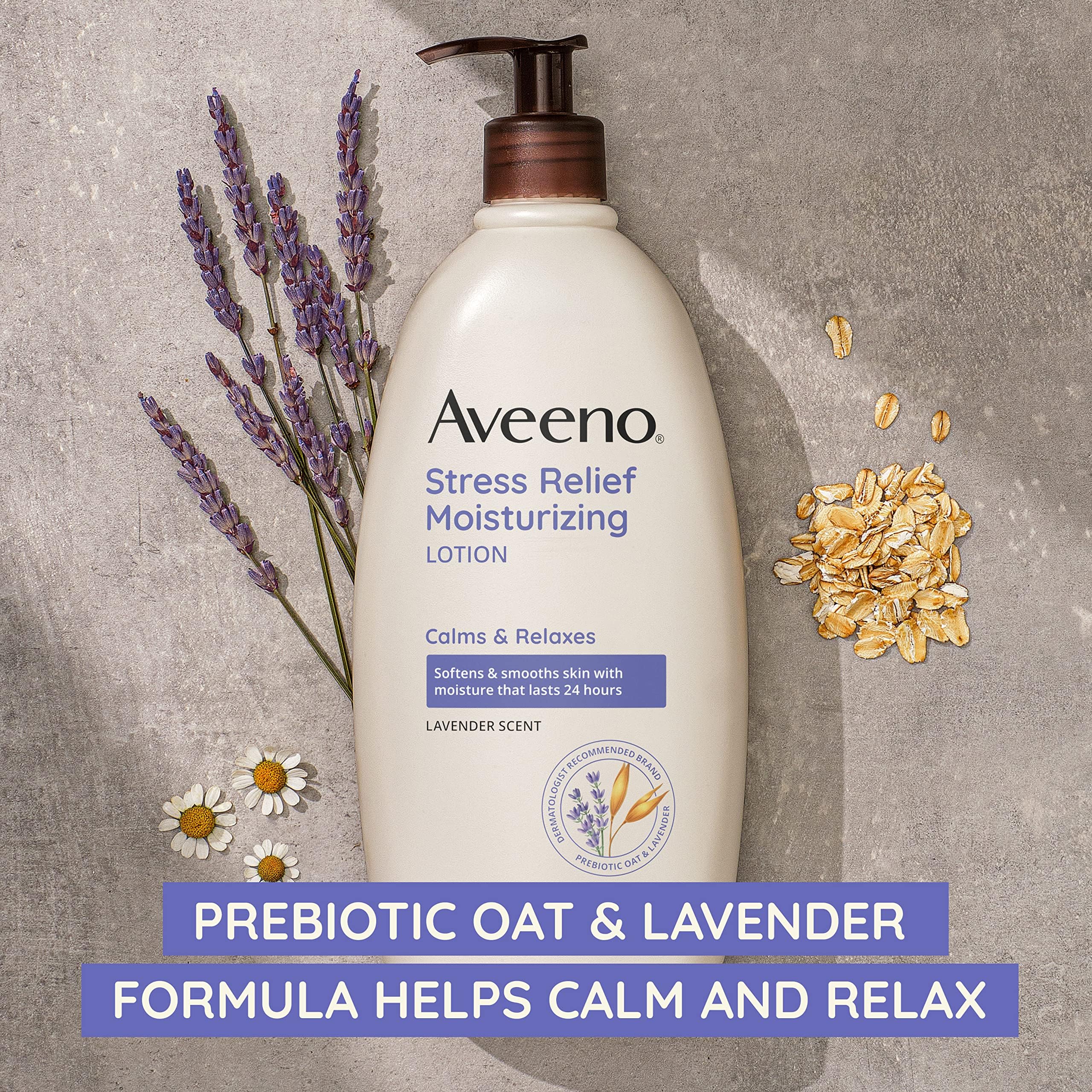 Aveeno Stress Relief Lotion 24-hour-hydration supports lasting moisture throughout the day.