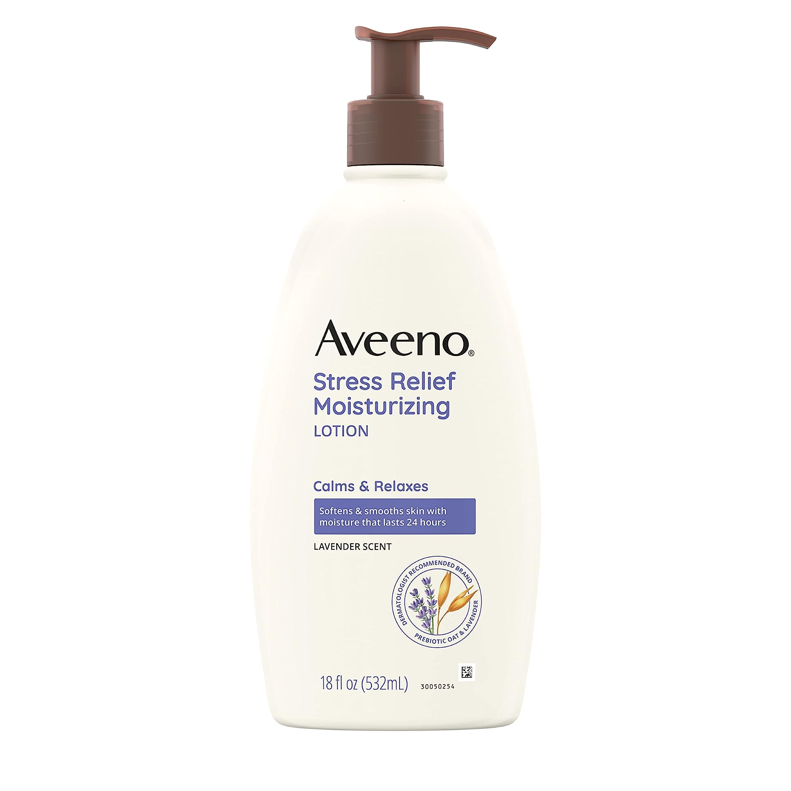 Aveeno Stress Relief Lotion lavender bottle 18oz provides calming scent and all-day moisture.