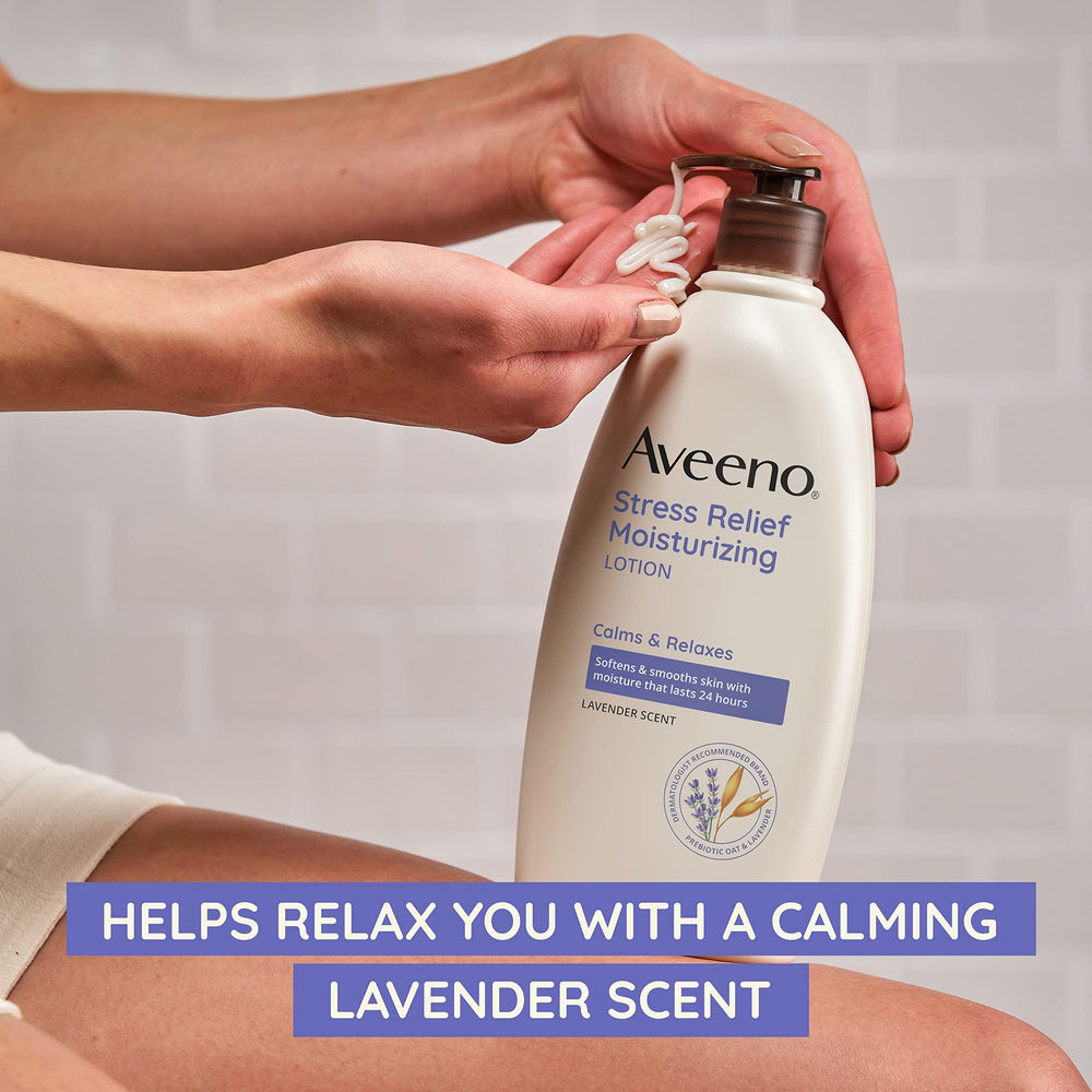 Aveeno Stress Relief Lotion lavender pump-dispense demonstrates easy coverage for nightly self-care.