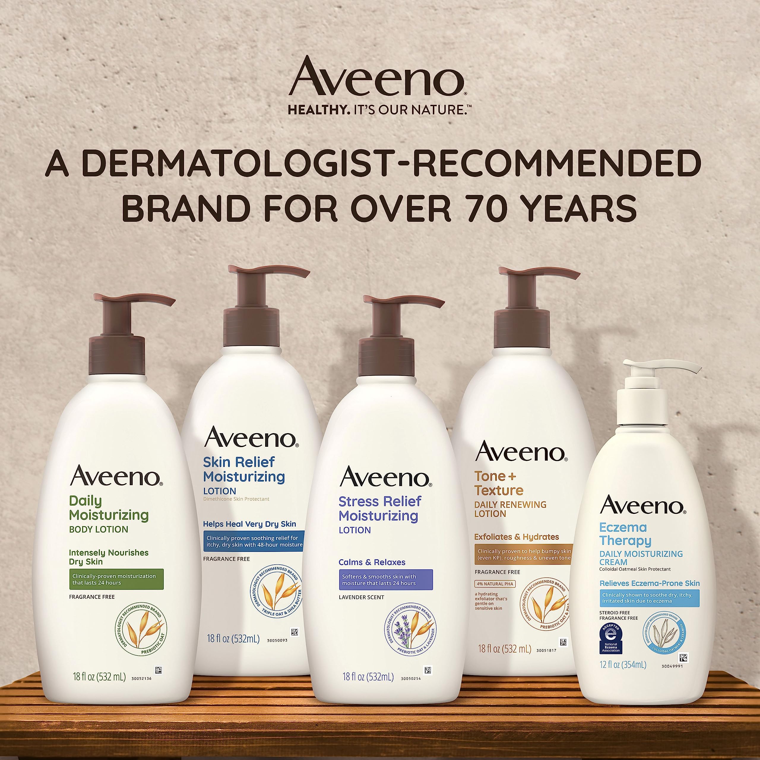 Aveeno Stress Relief Lotion recycled-packaging shows 30% post-consumer plastic content.