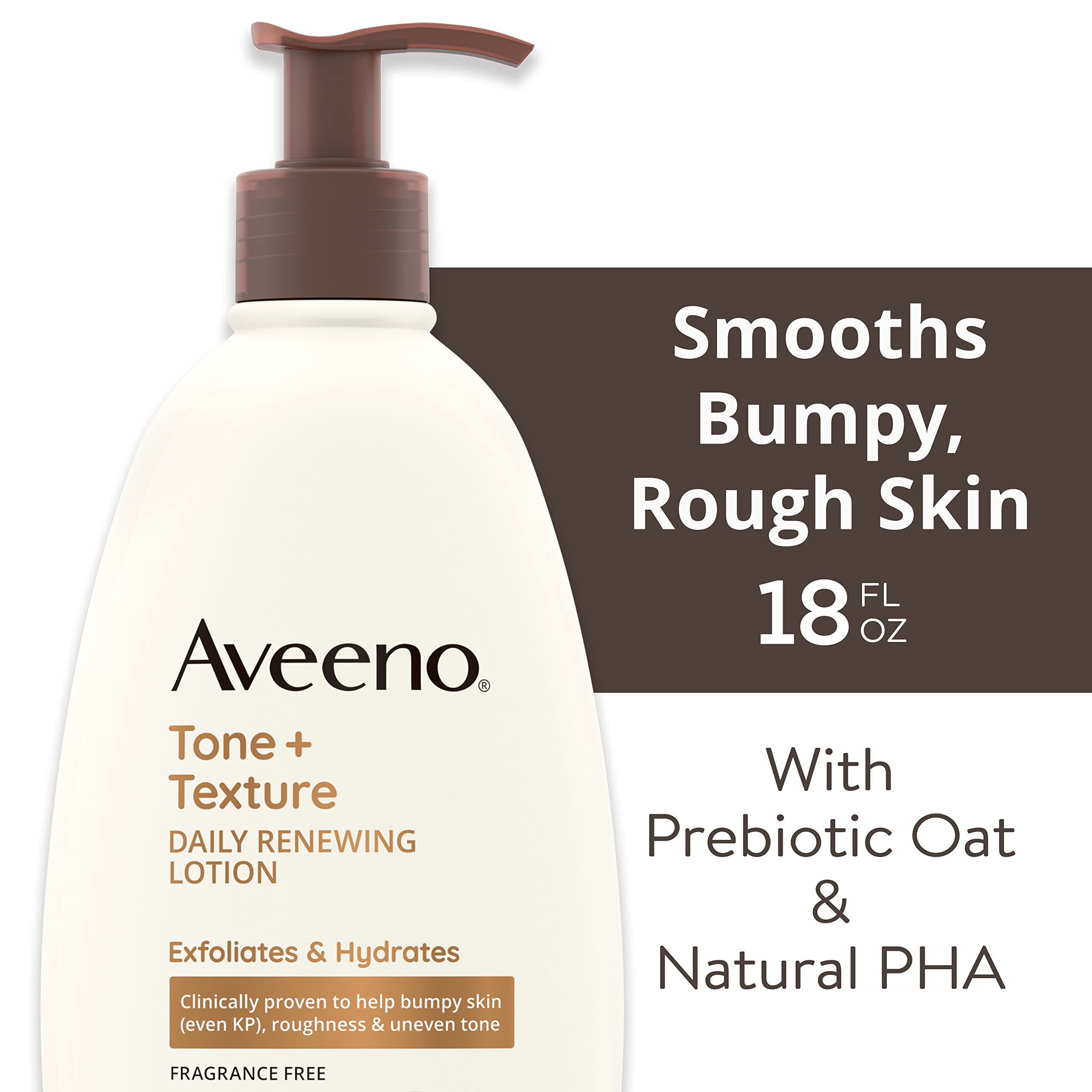 Aveeno Tone + Texture lotion bottle with pump demonstrating daily moisturization for dry, rough skin.
