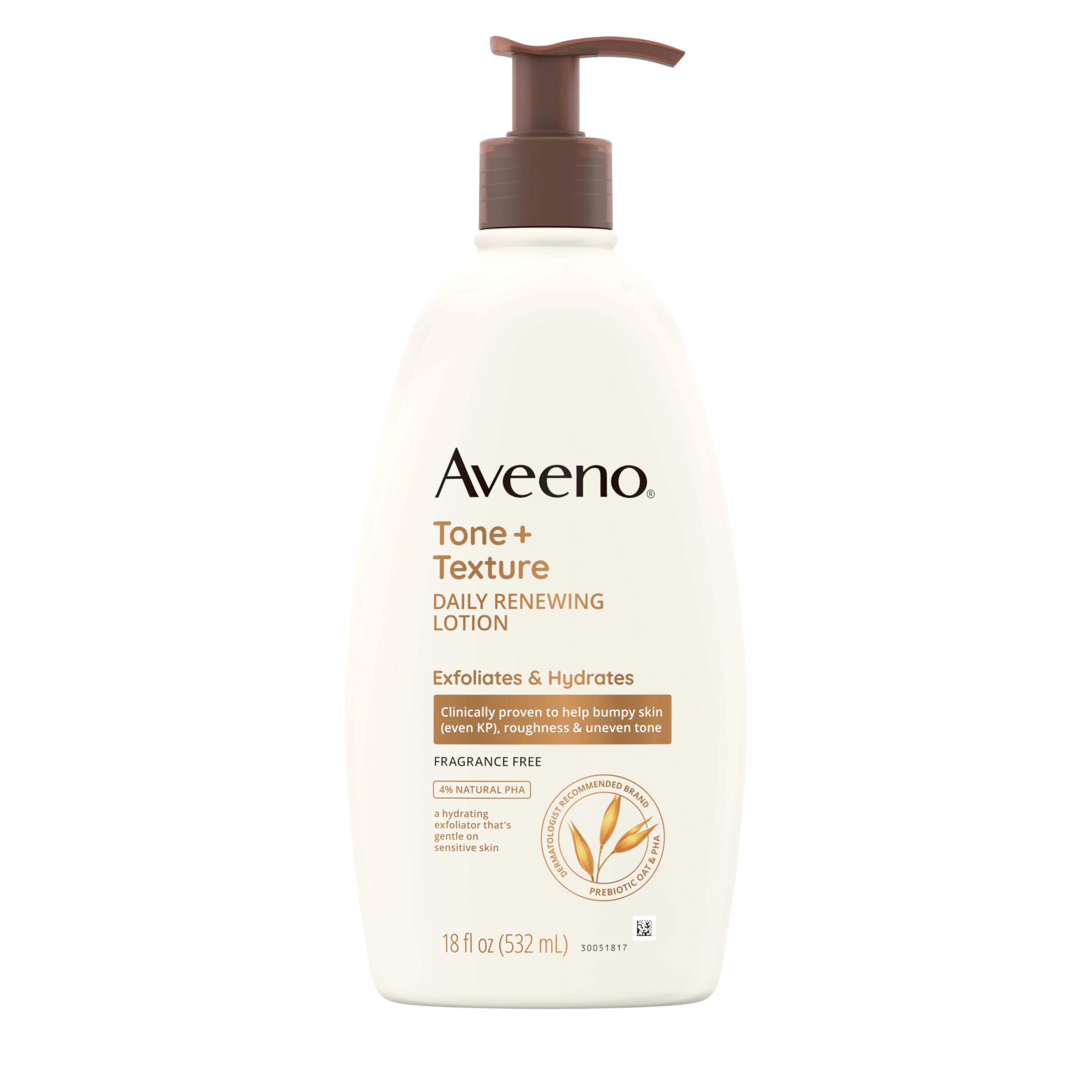 Aveeno Tone + Texture Daily Renewing Body Lotion bottle on a clean surface showing fragrance-free, non-greasy formula.
