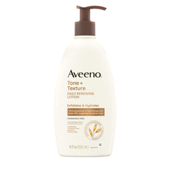 Aveeno Tone + Texture Daily Renewing Body Lotion bottle on a clean surface showing fragrance-free, non-greasy formula.