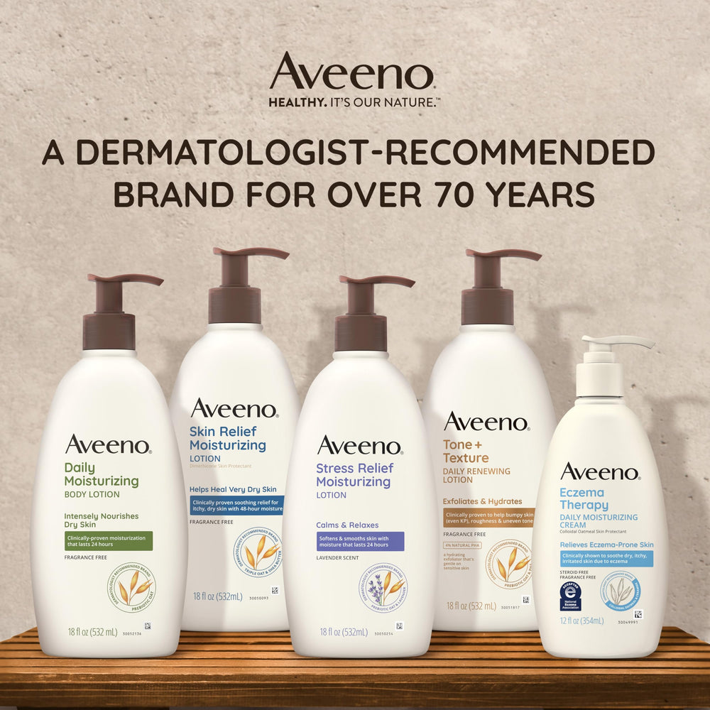 Morning skincare scene featuring Aveeno lotion for sensitive skin clarity and softness.