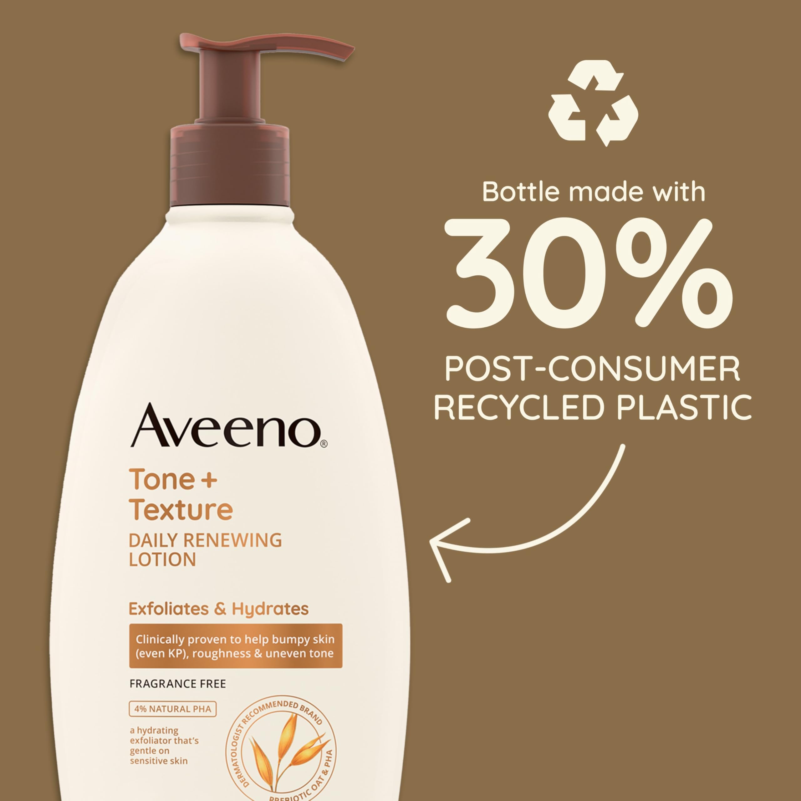 Aveeno Tone + Texture bottle shown with towels and clock, suggesting daily routine use.