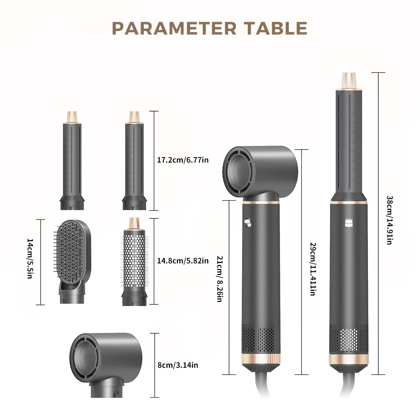 AVENHO 5-in-1 styling image demonstrates all-in-one tool for drying, curling, straightening and volumizing.