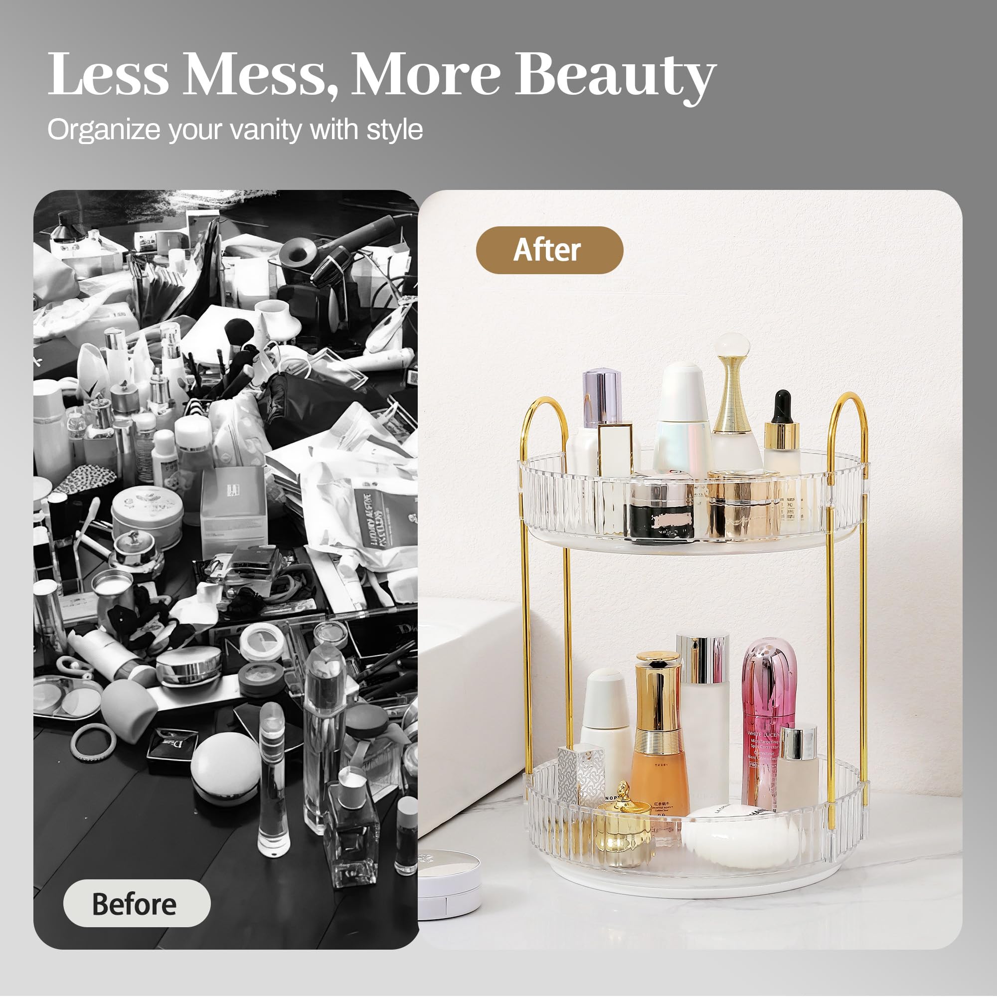 Aveniee bathroom counter organizer with durable ABS and gold holder for lasting countertop storage.