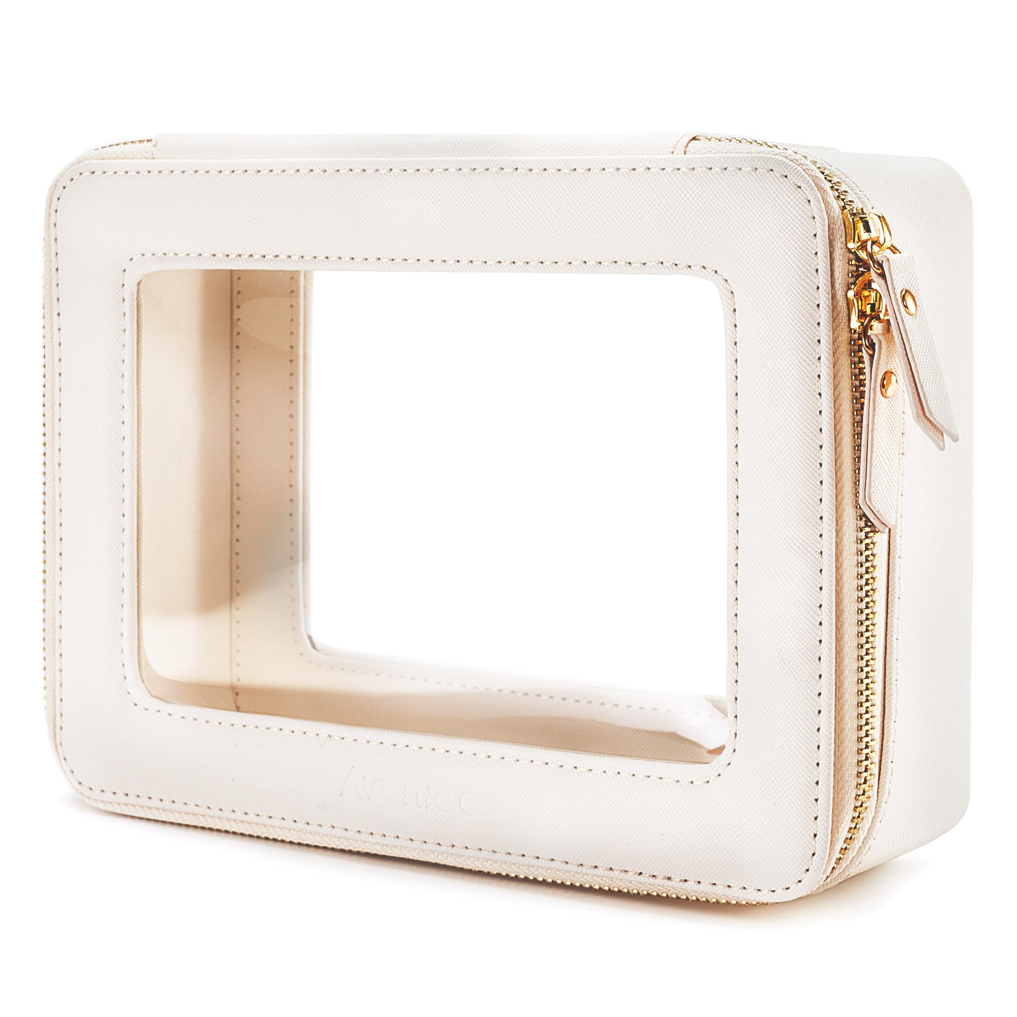 Aveniee Clear Makeup Bag front view emphasizes stylish travel storage with a minimalist boxy shape.