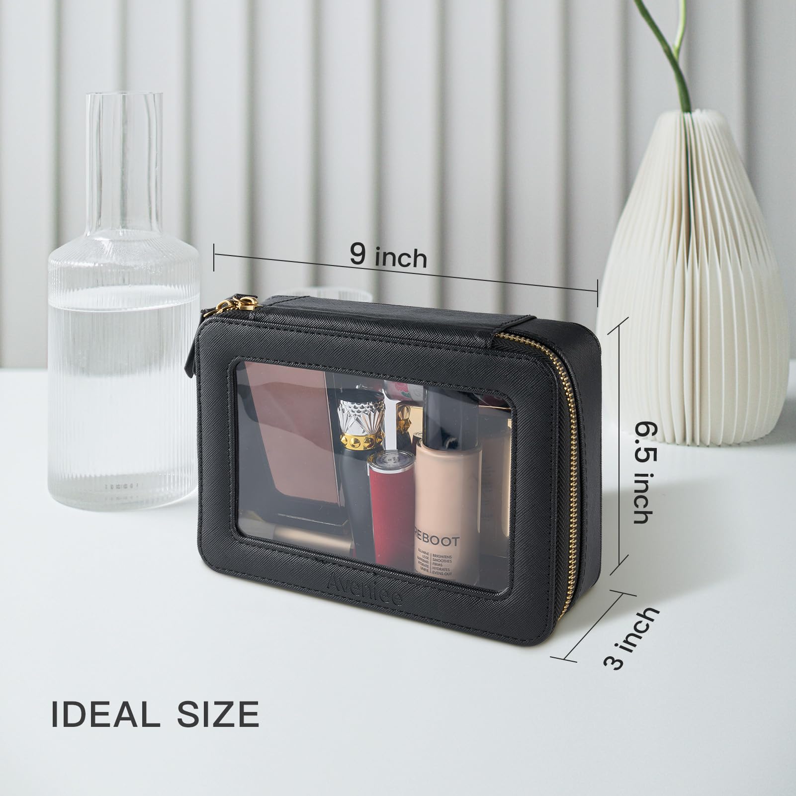 Aveniee clear makeup bag gold zipper detail adds premium finish.