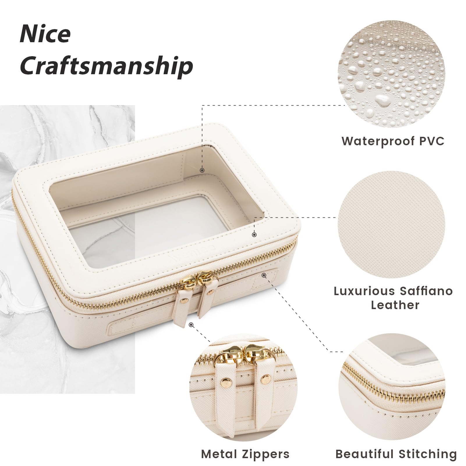 Aveniee Clear makeup bag open setup reveals transparent panels for quick checks.