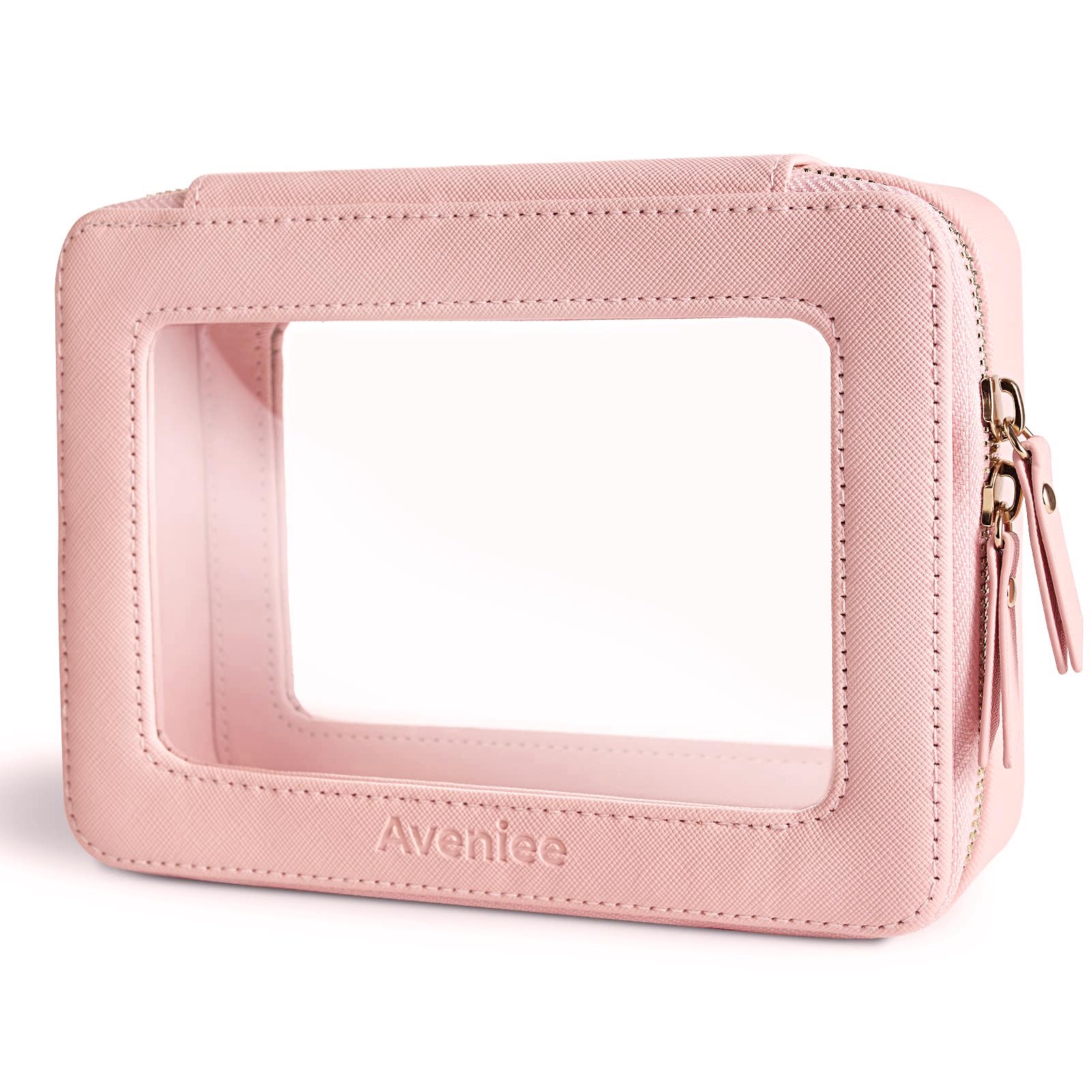Aveniee clear makeup bag pink front view keeps cosmetics organized while traveling.