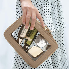 Aveniee makeup bag side profile displaying resilient structure for compact, travel-ready storage