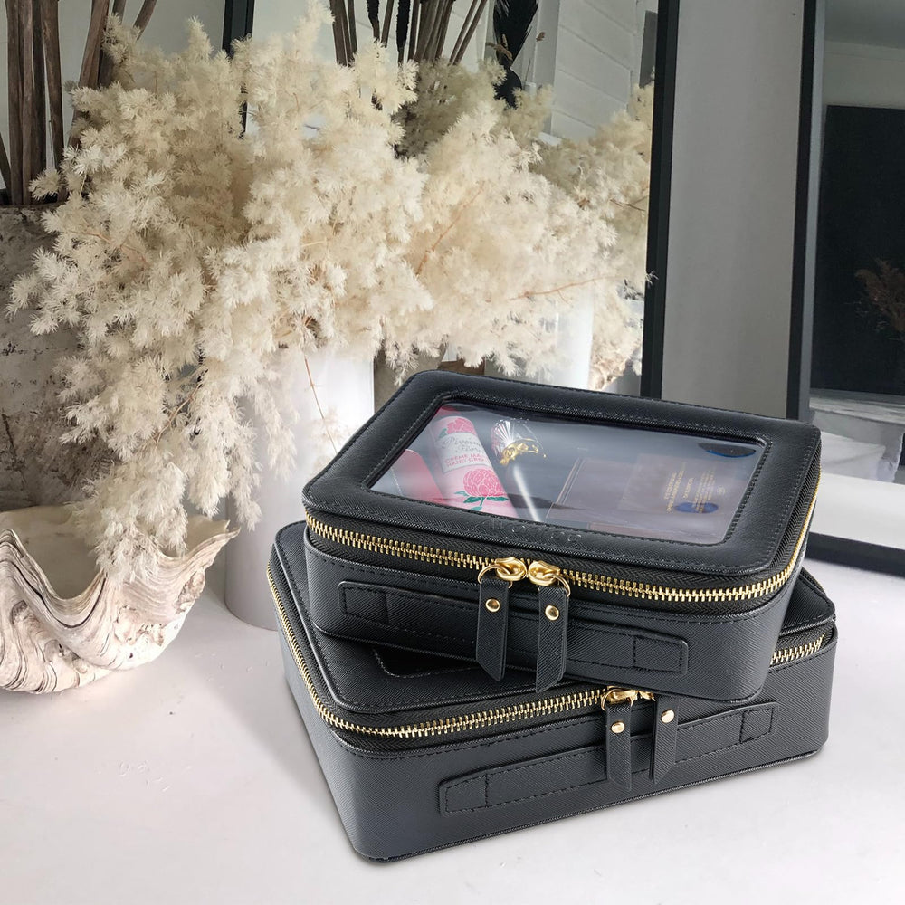 Aveniee clear makeup bag side view highlights slim profile for portability.