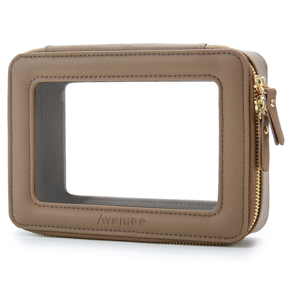 Aveniee Clear Makeup Bag Taupe front view for sleek on-the-go organization
