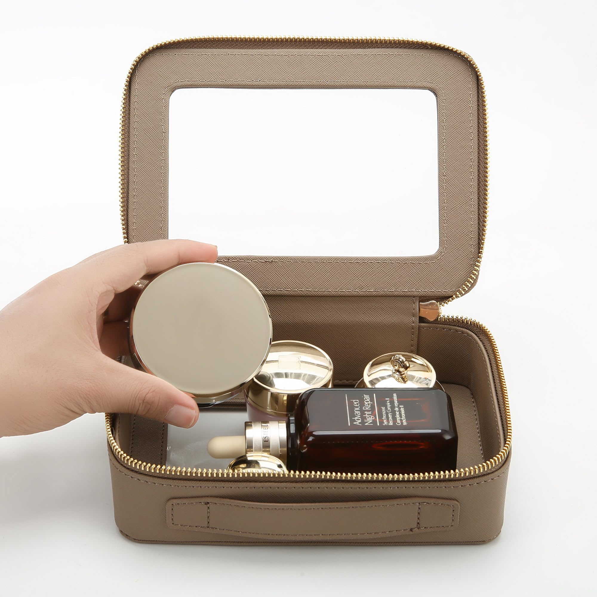 Aveniee Clear Makeup Bag Taupe PU leather close-up signals premium craftsmanship