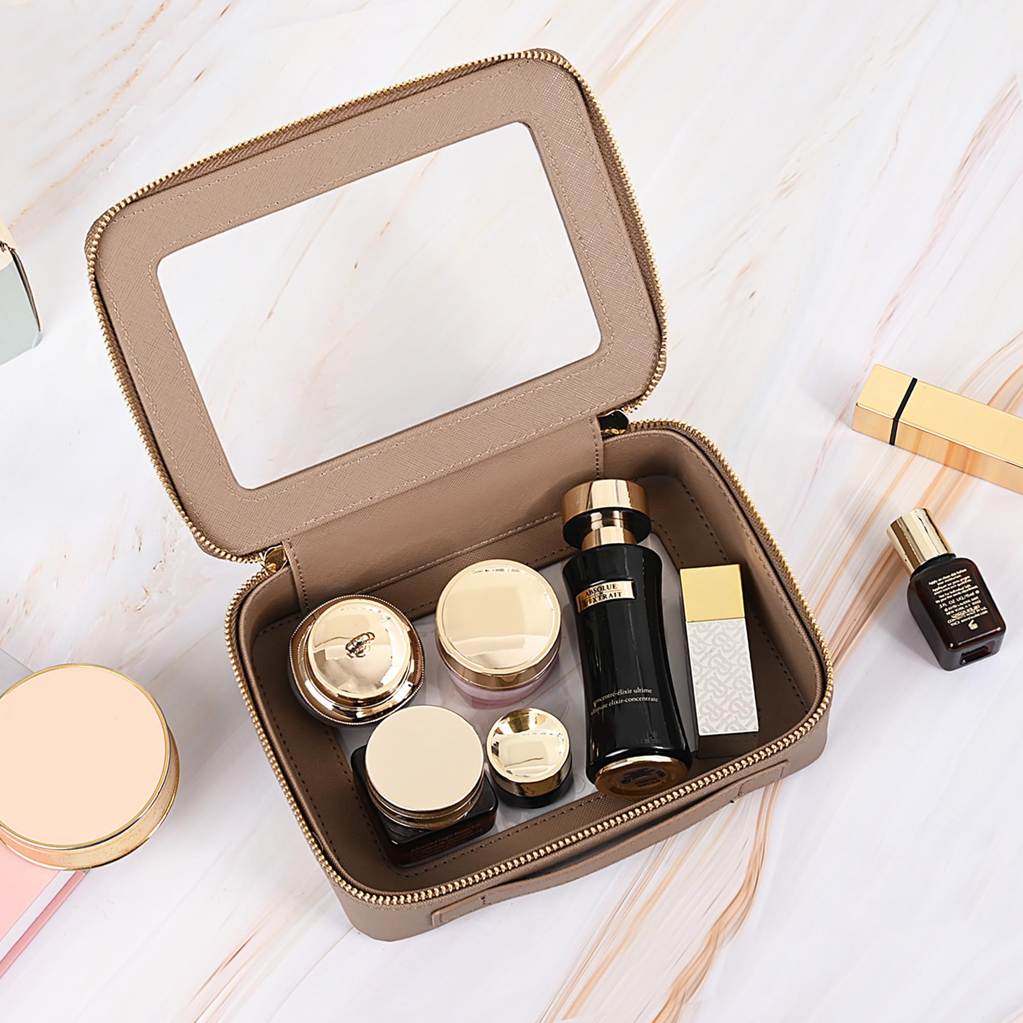 Aveniee Clear Makeup Bag Taupe travel-ready for daily cosmetics and skincare