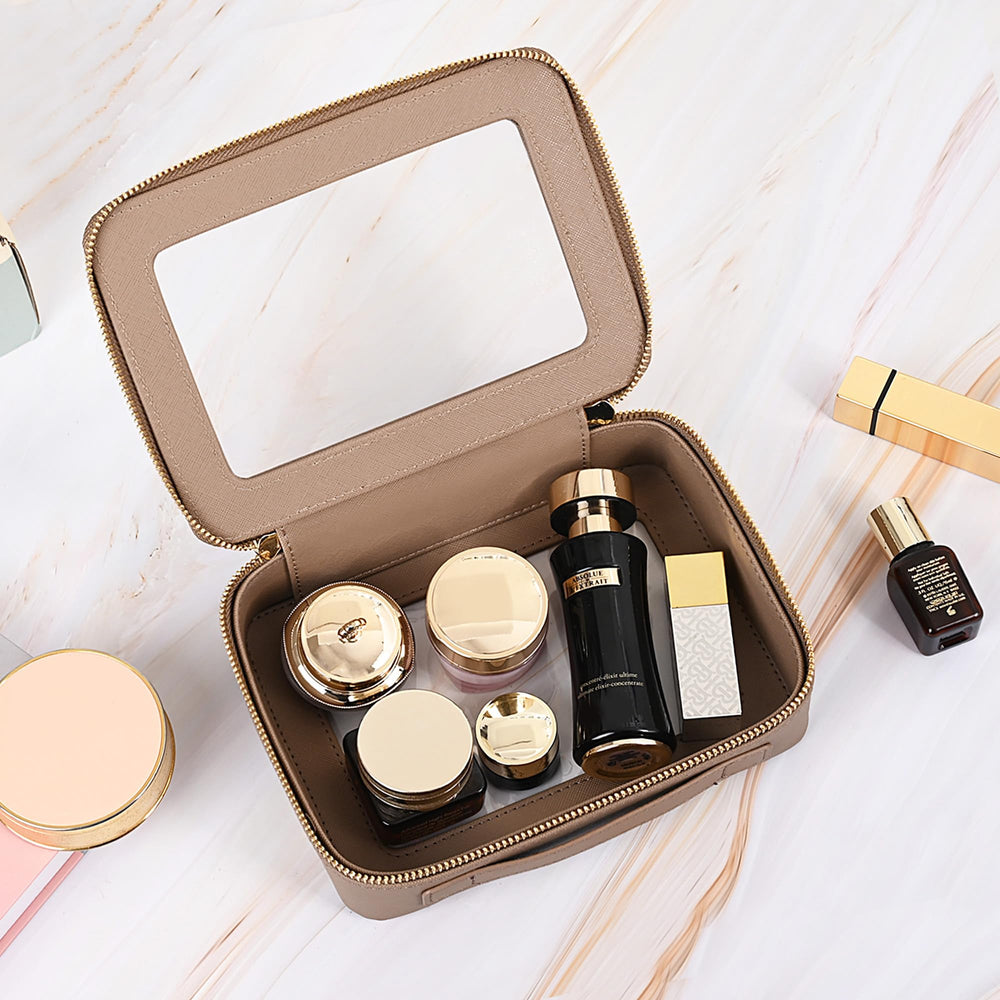 Aveniee Clear Makeup Bag Taupe travel-ready for daily cosmetics and skincare