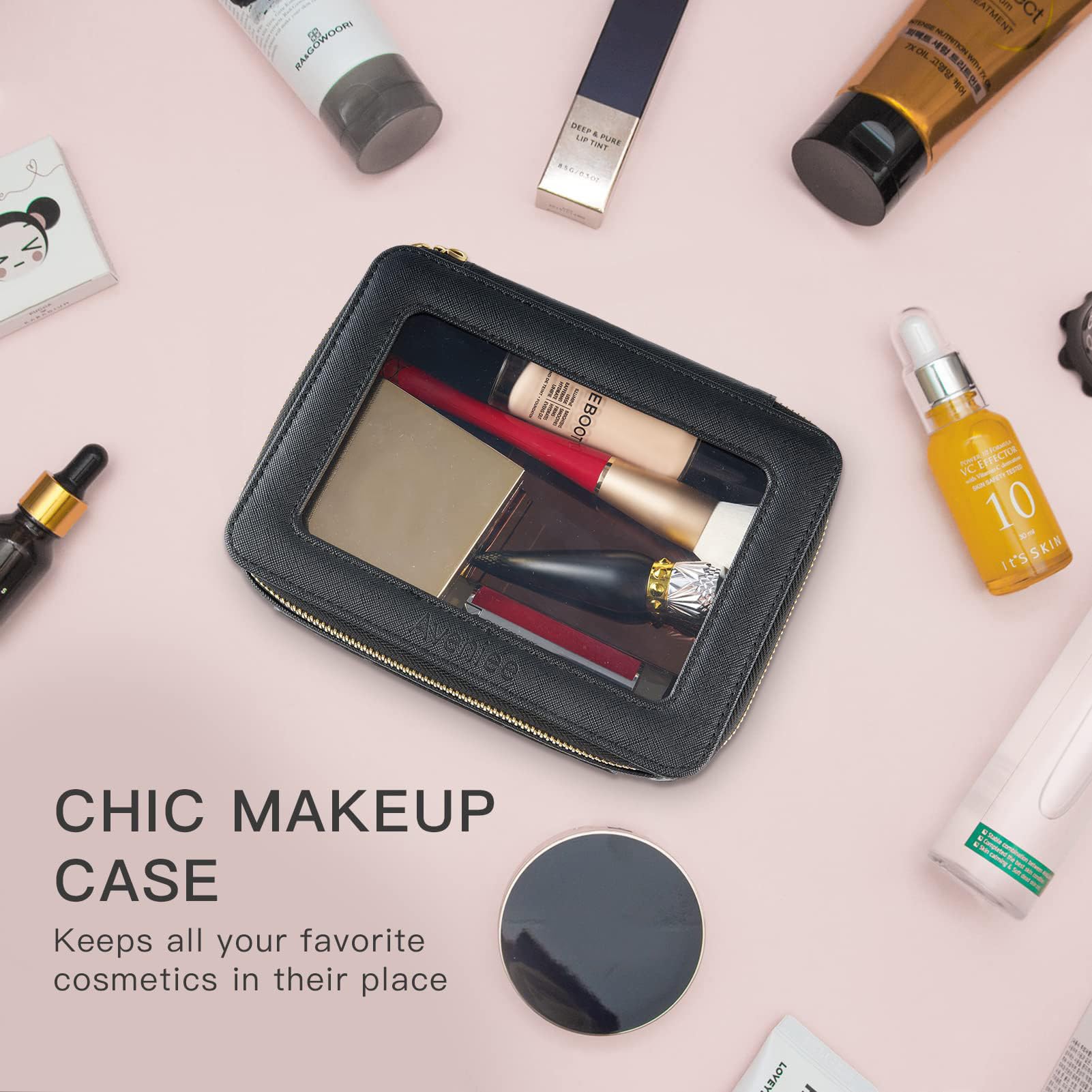 Aveniee clear makeup bag travel checkpoint scene demonstrates TSA-friendly design.