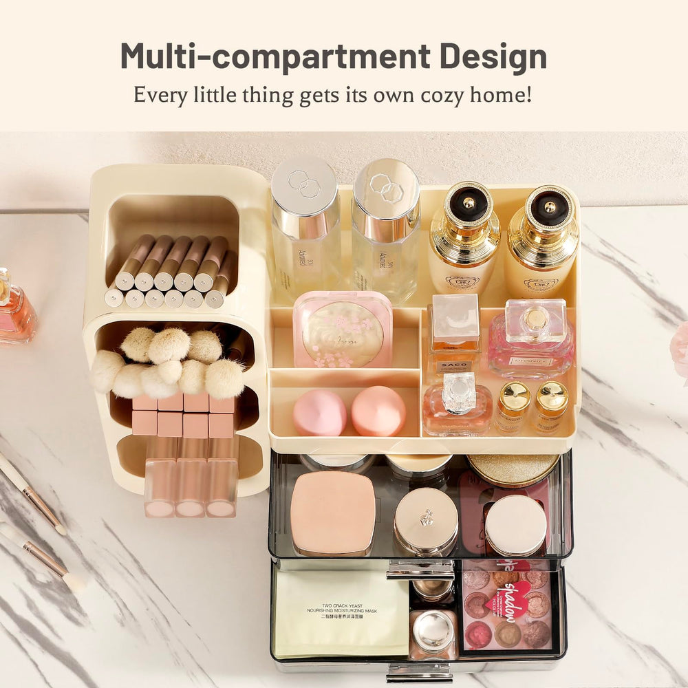 Aveniee makeup organizer drawer close-up reveals smooth-gliding two drawers for easy daily use.