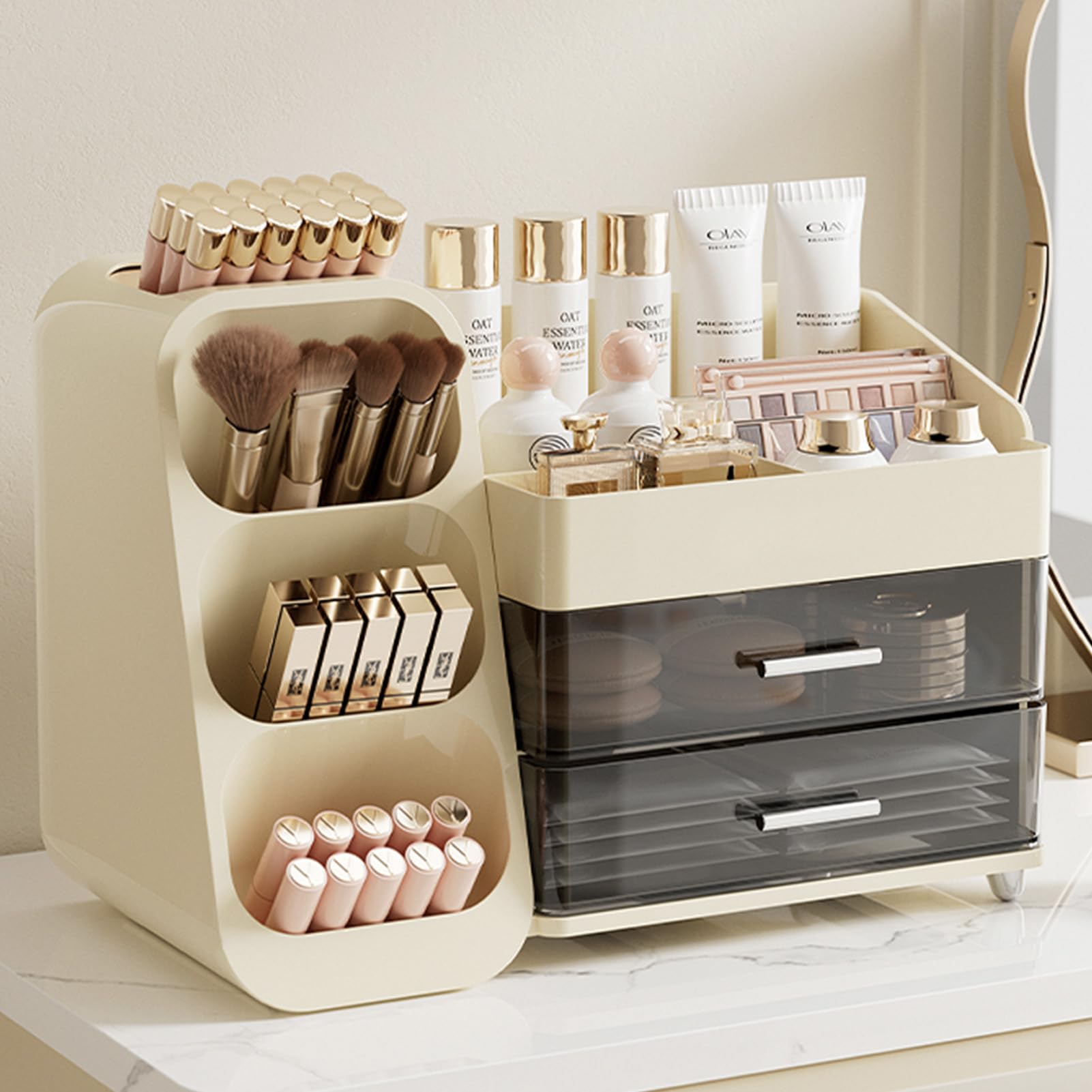 Aveniee makeup organizer cream white front view shows expansive storage for cosmetics.
